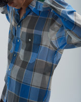 BED j.w. FORD "Two Pockets – Blue" Check Shirts|ベッドフォード "ツーポケッツ – ブルー" チェックシャツ メンズモデル着用