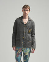 BED j.w. FORD "C-open collar – Charcoal" Chain Knit Pajama Shirts|ベッドフォード “シーオープンカラー – チャコール” チェーンニットパジャマシャツ メンズモデル着用