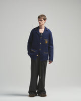BED j.w. FORD "C-open collar – Navy” Chain Knit Pajama Shirts|ベッドフォード “シーオープンカラー – ネイビー” チェーンニットパジャマシャツ メンズモデル着用