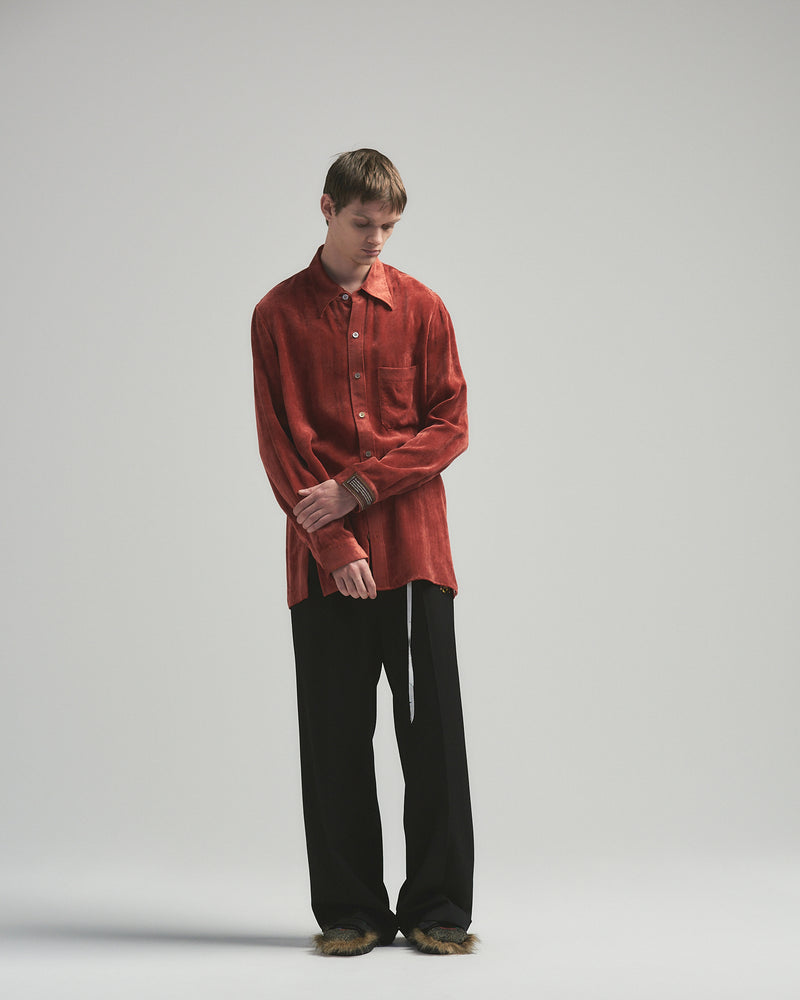 BED j.w. FORD "Holiday – Red" Rayon Velvet Shirts｜ベッドフォード "ホリデー – レッド" レーヨンベルベットシャツ メンズモデル着用