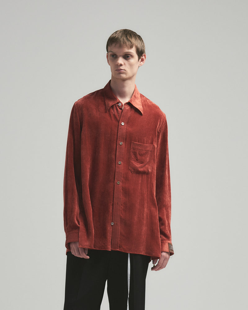 BED j.w. FORD "Holiday – Red" Rayon Velvet Shirts｜ベッドフォード "ホリデー – レッド" レーヨンベルベットシャツ メンズモデル着用