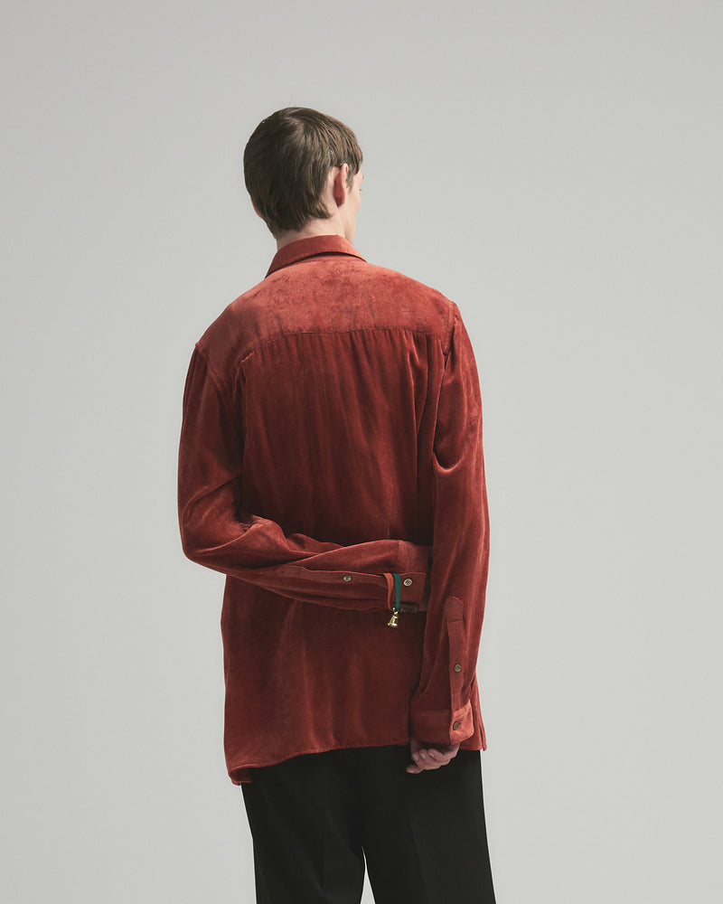 BED j.w. FORD "Holiday – Red" Rayon Velvet Shirts｜ベッドフォード "ホリデー – レッド" レーヨンベルベットシャツ メンズモデル着用