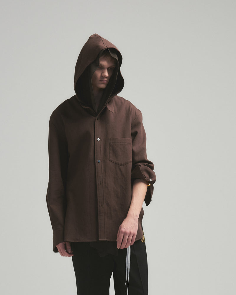 BED j.w. FORD "Two Hooded – Brown" Hooded Shirts｜ベッドフォード "ツーフーデット – ブラウン" フード付きシャツ メンズモデル着用