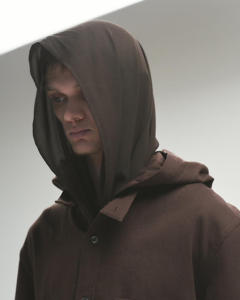 BED j.w. FORD "Two Hooded – Brown" Hooded Shirts｜ベッドフォード "ツーフーデット – ブラウン" フード付きシャツ メンズモデル着用