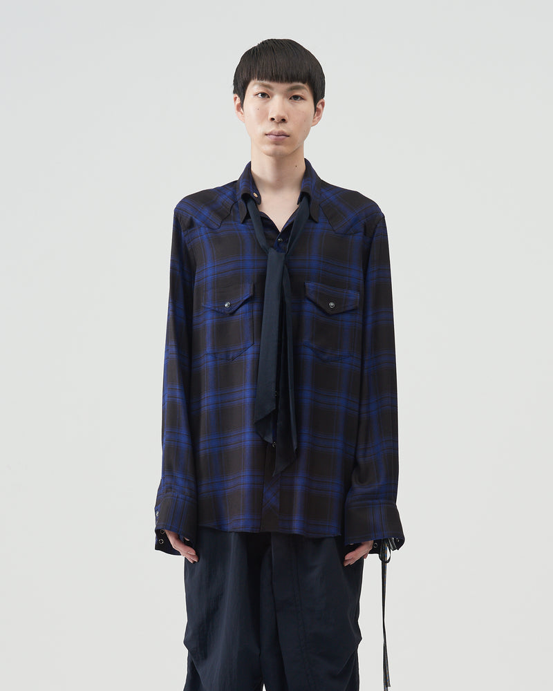 Ombre-check Bow Collar Western Shirts – Blue×Black