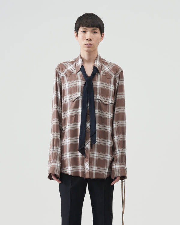 Ombre-check Bow Collar Western Shirts – White×Brown