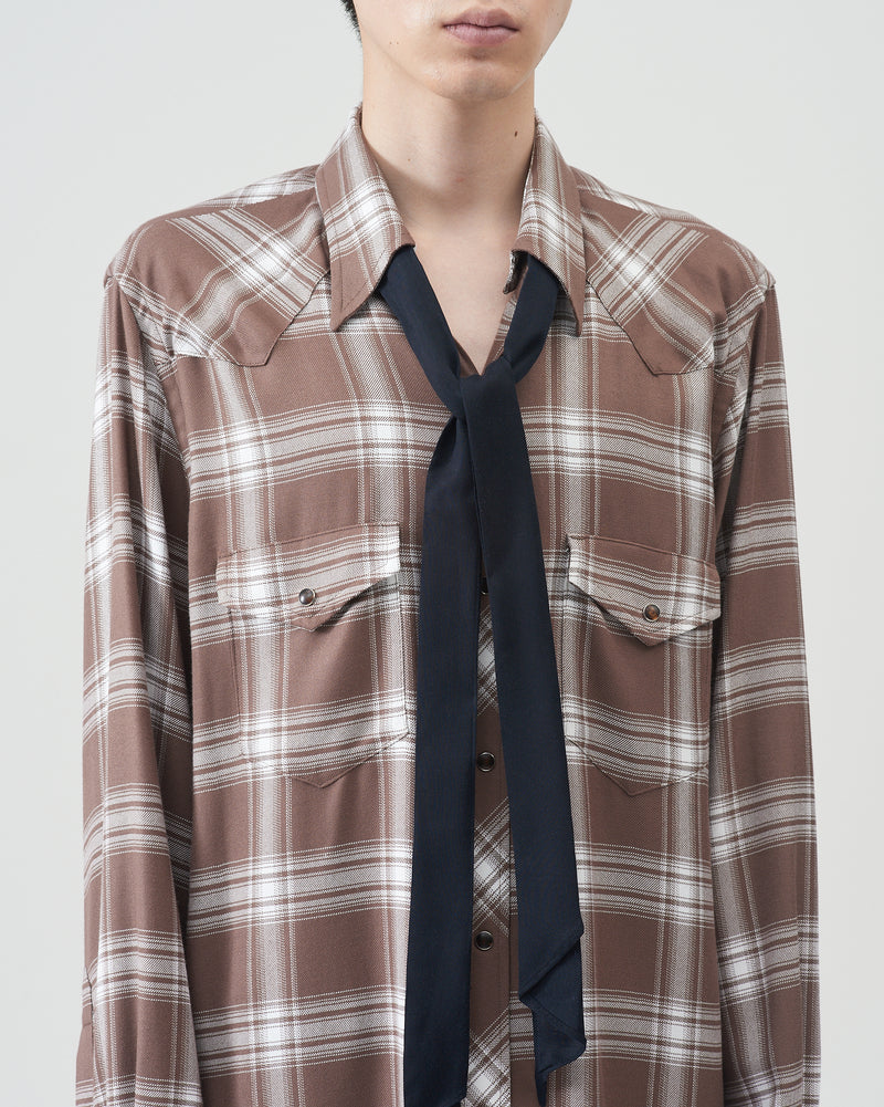 Ombre-check Bow Collar Western Shirts – White×Brown