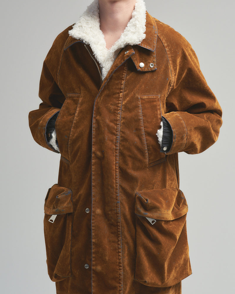 BED j.w. FORD "Over Pocket – Brown" Rayon Flocking Jacket｜ベッドフォード "オーバーポケット – ブラウン" レーヨンフロッキージャケット メンズモデル着用
