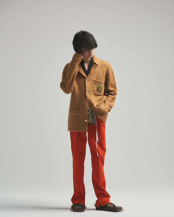 BED j.w. FORD "C-open collar – Brown” Chain Knit Pajama Shirts｜ベッドフォード “シーオープンカラー – ブラウン” チェーンニットパジャマシャツ メンズモデル着用