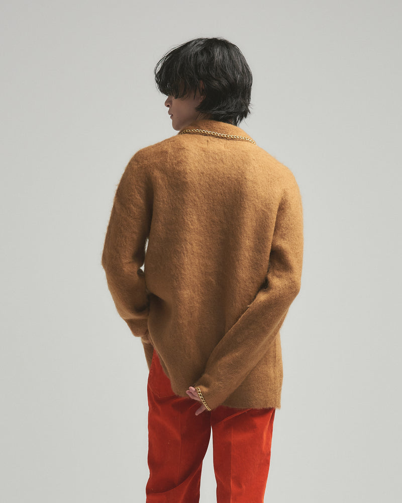 BED j.w. FORD "C-open collar – Brown” Chain Knit Pajama Shirts｜ベッドフォード “シーオープンカラー – ブラウン” チェーンニットパジャマシャツ メンズモデル着用