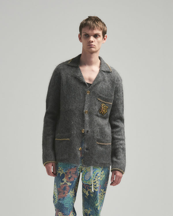 BED j.w. FORD "C-open collar – Charcoal" Chain Knit Pajama Shirts｜ベッドフォード “シーオープンカラー – チャコール” チェーンニットパジャマシャツ メンズモデル着用