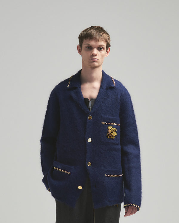 BED j.w. FORD "C-open collar – Navy” Chain Knit Pajama Shirts｜ベッドフォード “シーオープンカラー – ネイビー” チェーンニットパジャマシャツ メンズモデル着用