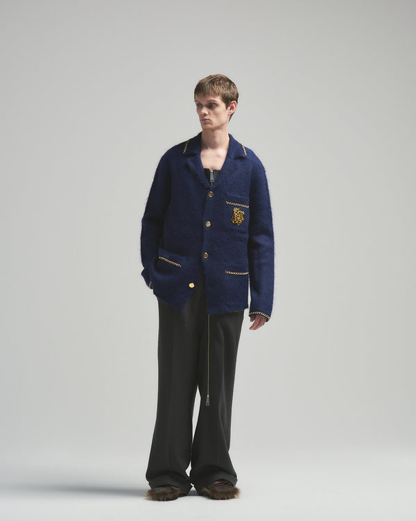 BED j.w. FORD "C-open collar – Navy” Chain Knit Pajama Shirts｜ベッドフォード “シーオープンカラー – ネイビー” チェーンニットパジャマシャツ メンズモデル着用