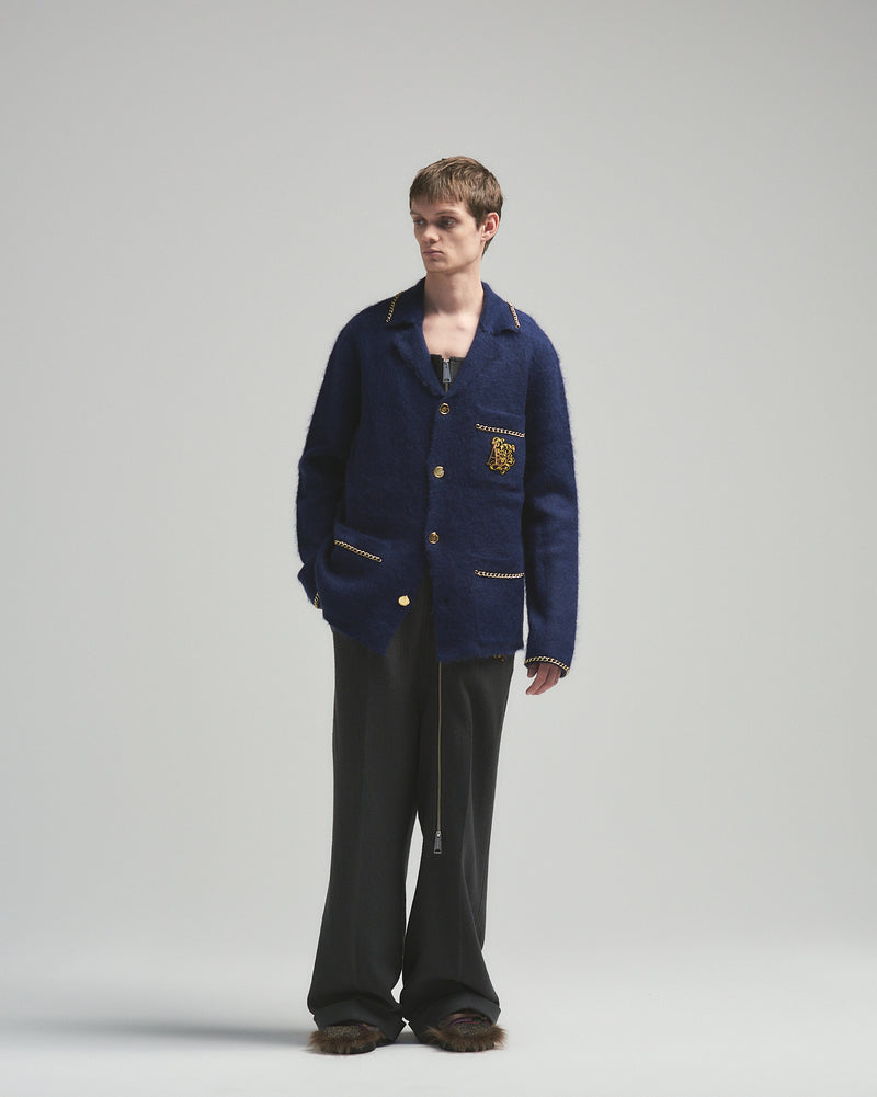 BED j.w. FORD "C-open collar – Navy” Chain Knit Pajama Shirts｜ベッドフォード “シーオープンカラー – ネイビー” チェーンニットパジャマシャツ メンズモデル着用