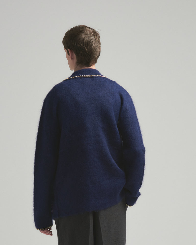 BED j.w. FORD "C-open collar – Navy” Chain Knit Pajama Shirts｜ベッドフォード “シーオープンカラー – ネイビー” チェーンニットパジャマシャツ メンズモデル着用