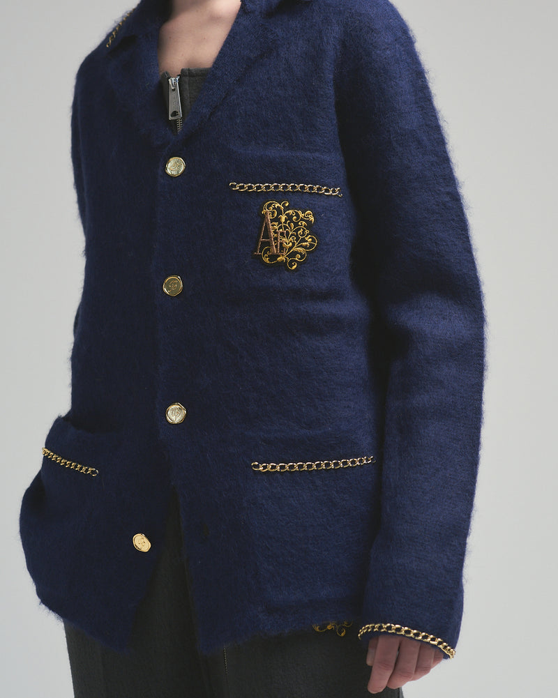 BED j.w. FORD "C-open collar – Navy” Chain Knit Pajama Shirts｜ベッドフォード “シーオープンカラー – ネイビー” チェーンニットパジャマシャツ メンズモデル着用