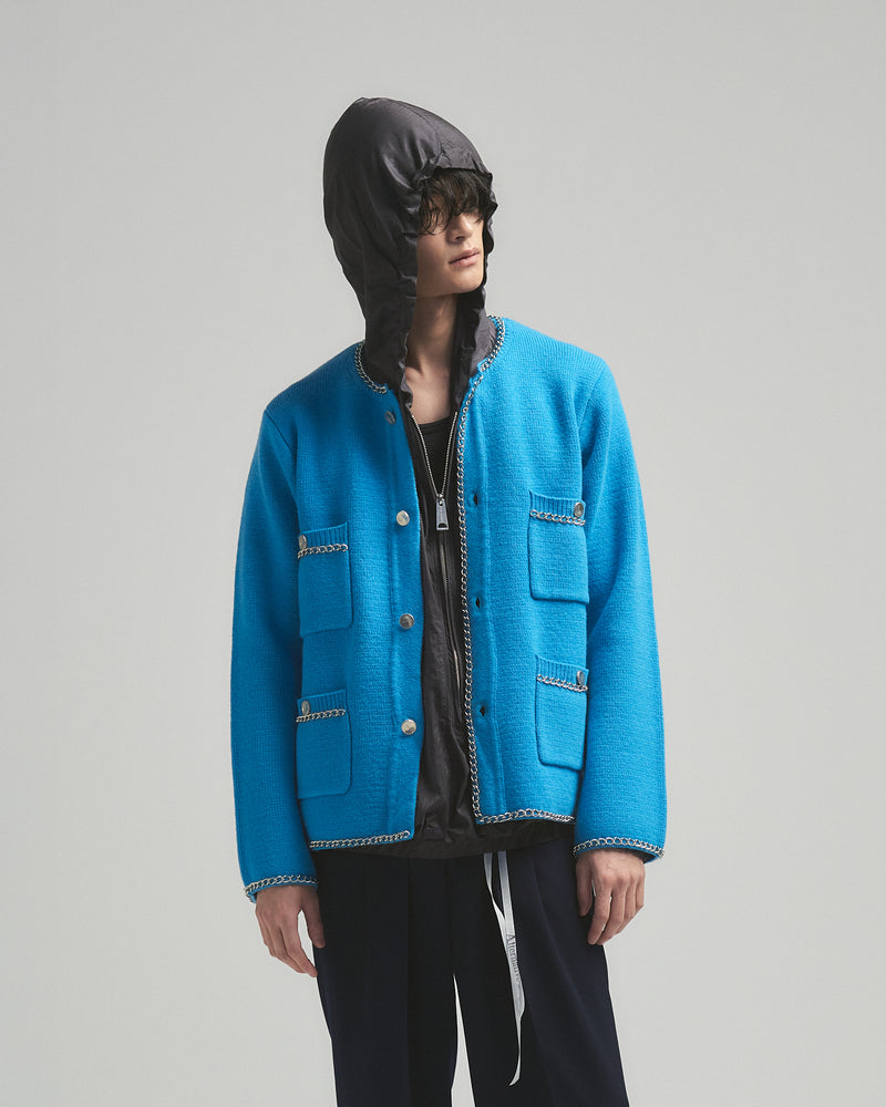 BED j.w. FORD "C –  Blue" Chain Knit Cardigan｜ベッドフォード “シー – ブルー” チェーンニットカーディガン メンズモデル着用