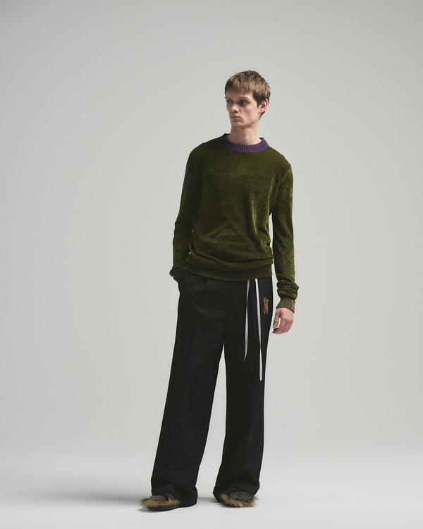 BED j.w. FORD "Long long sleeve – Khaki” Velour Sweater｜ベッドフォード “ロングロングスリーブ – カーキ” ベロアセーター メンズモデル着用