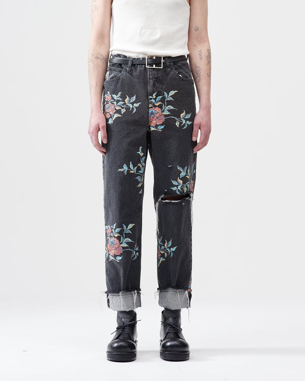 Flower Pattern Straight Denim Pants – Black