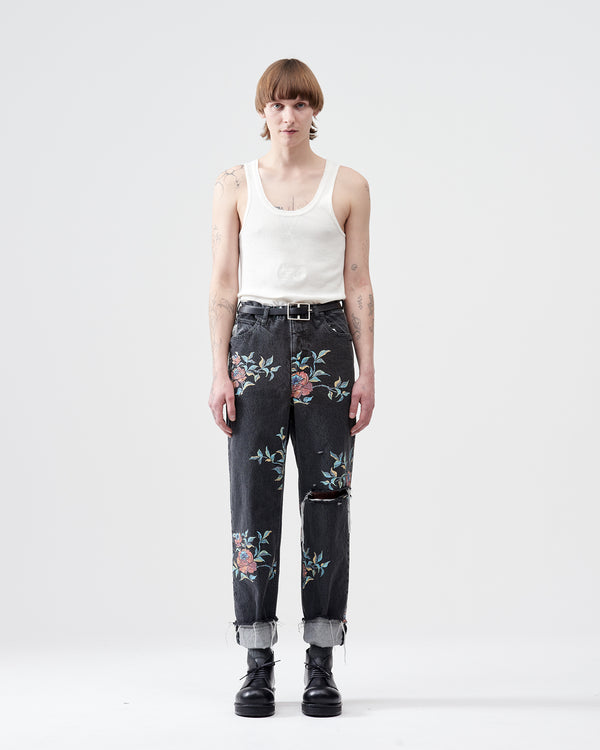 Flower Pattern Straight Denim Pants – Black