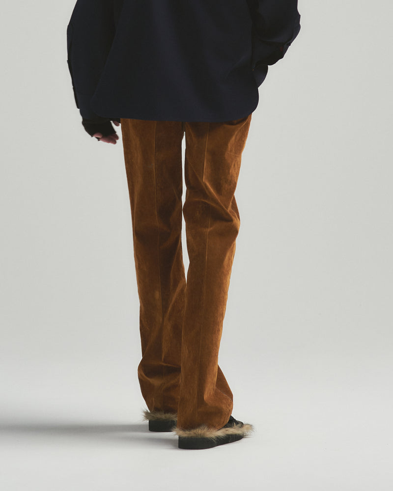 BED j.w. FORD "Daily – Brown" Rayon flocking pants｜ベッドフォード "デイリー – ブラウン" レーヨンフロッキーパンツ メンズモデル着用