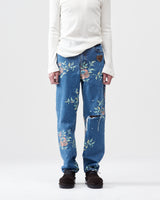 Flower Pattern Straight Denim Pants – Indigo