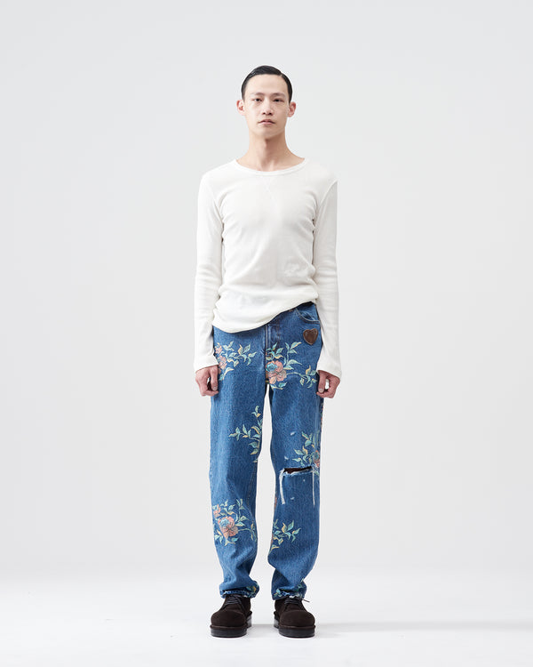 Flower Pattern Straight Denim Pants – Indigo