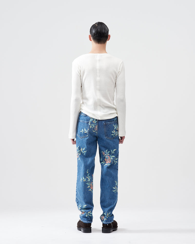 Flower Pattern Straight Denim Pants – Indigo