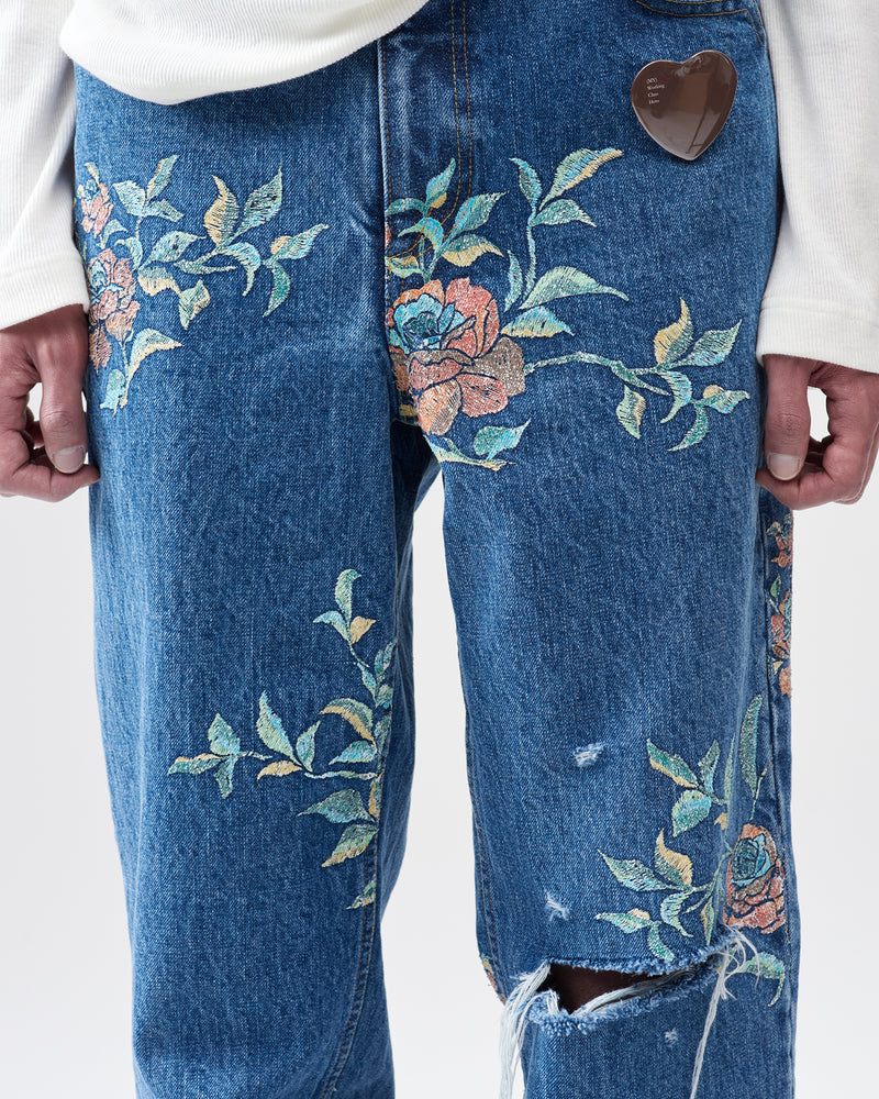 Flower Pattern Straight Denim Pants – Indigo