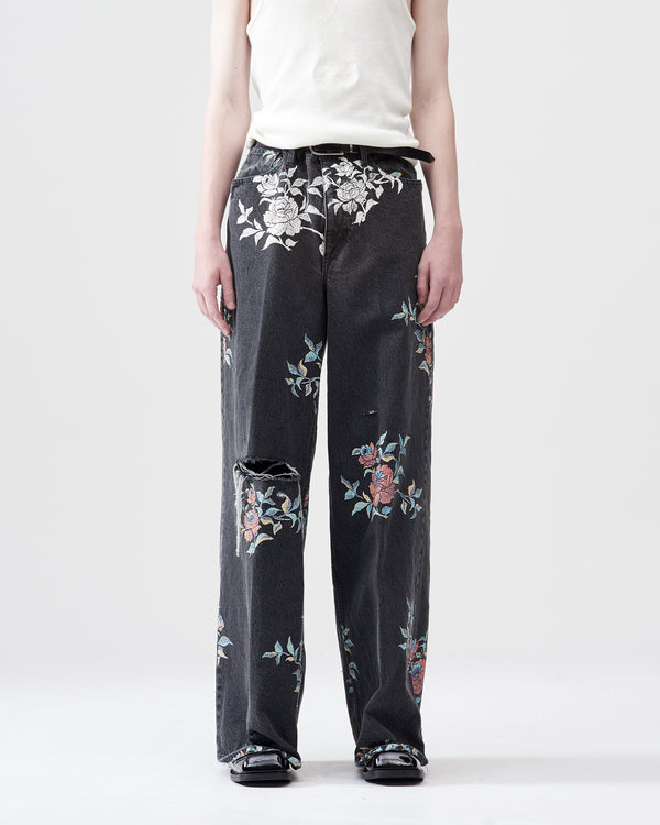 Flower Pattern Denim Wide Pants – Black