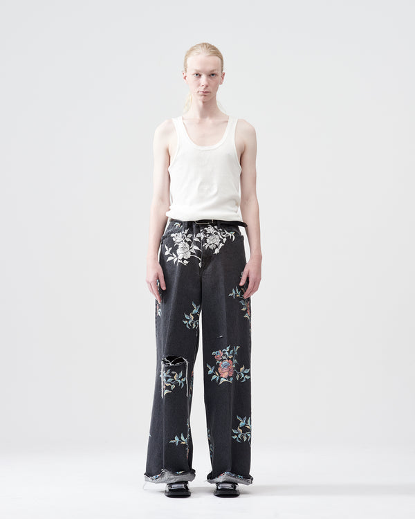 Flower Pattern Denim Wide Pants – Black