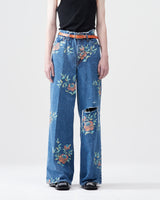 Flower Pattern Denim Wide Pants – Indigo