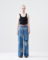 Flower Pattern Denim Wide Pants – Indigo