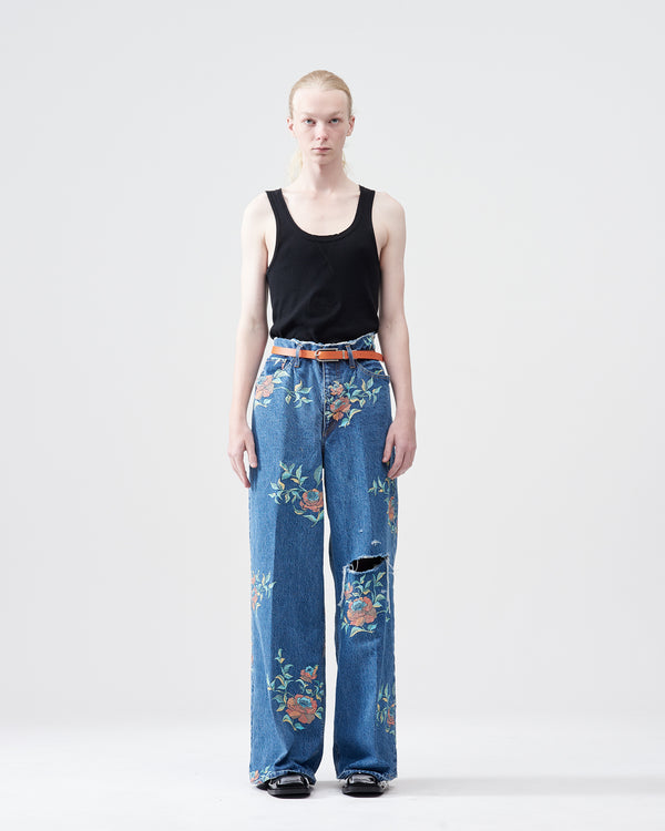 Flower Pattern Denim Wide Pants – Indigo