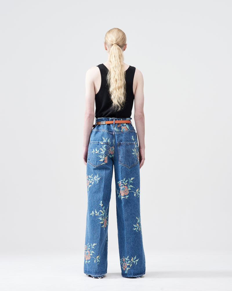 Flower Pattern Denim Wide Pants – Indigo