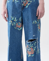 Flower Pattern Denim Wide Pants – Indigo