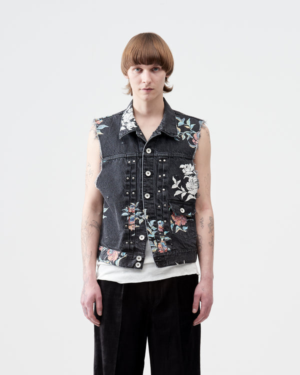 Flower Pattern Denim Vest – Black