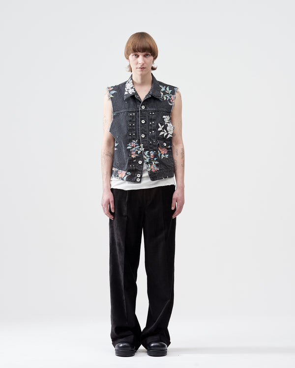 Flower Pattern Denim Vest – Black