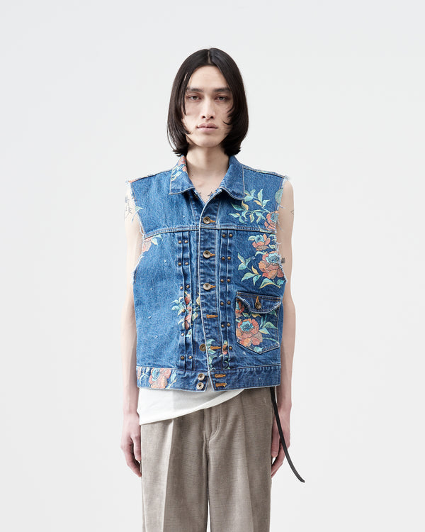 Flower Pattern Denim Vest – Indigo