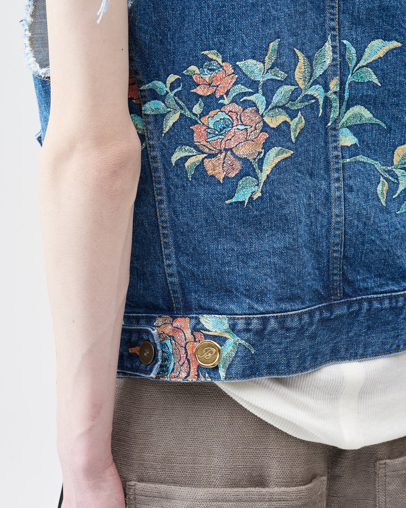 Flower Pattern Denim Vest – Indigo