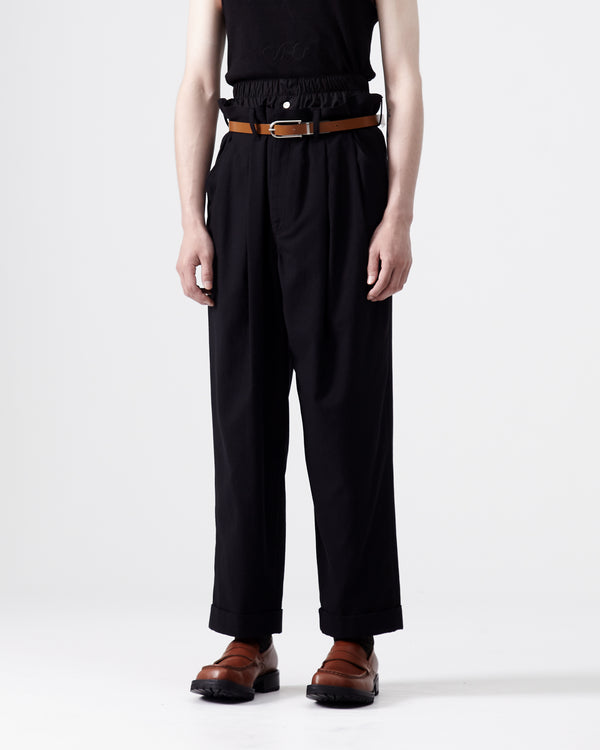 Black wool straight pants with silver stripes