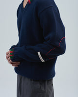 BED j.w. FORD "Repair – Navy" V-neck Sweater｜ベッドフォード "リペア – ネイビー" Vネックセーター メンズモデル着用